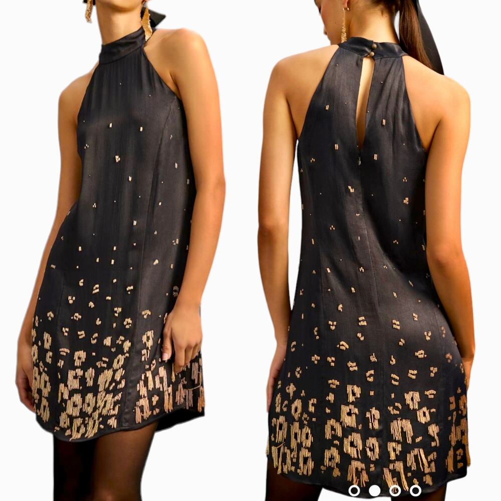 Anthropologie Beaded Halter Dress Black Flapper Gold Sequin Fringe Gatsby Party